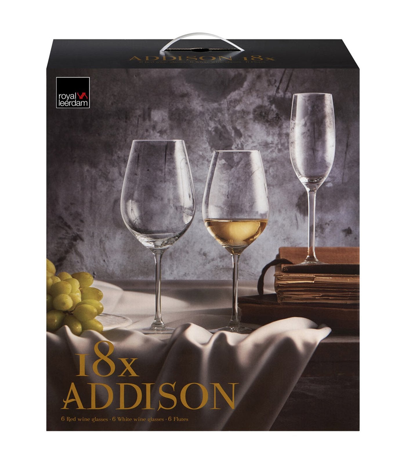 royal Leerdam's addison 18-piece set of white wine glasses, red wine glasses, and champagne glasses.