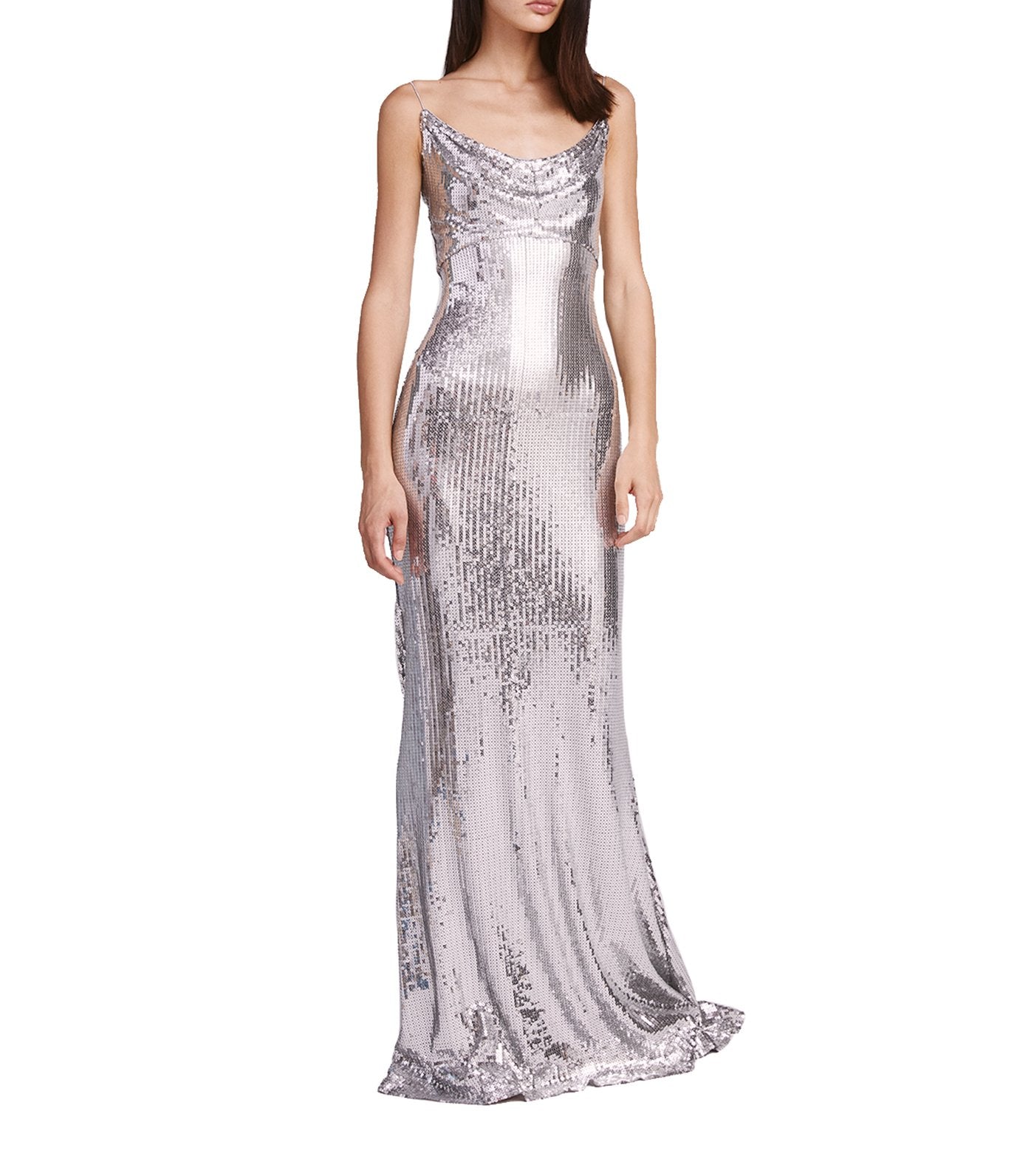 sho sequin cowl neck maxi dress silver