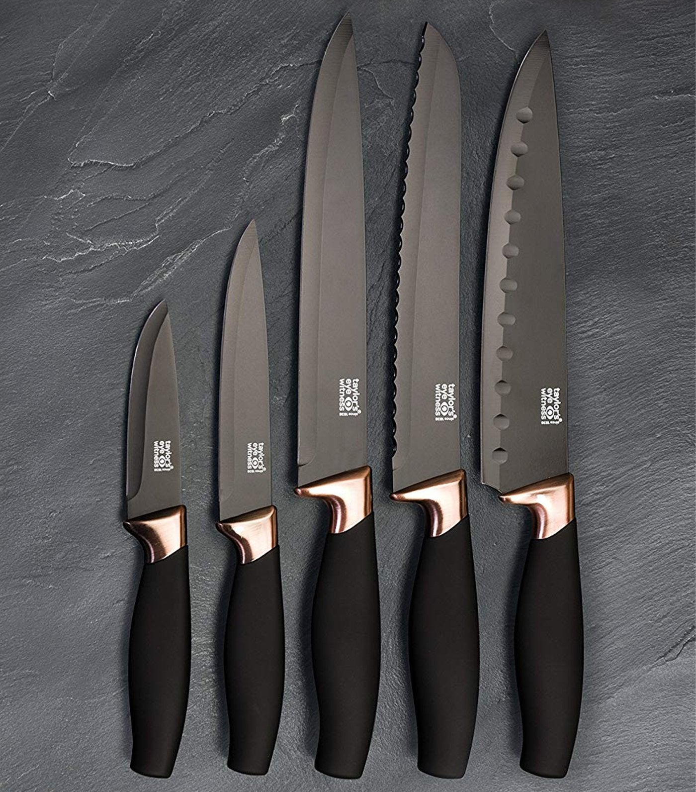 taylors eye witness brooklyn copper five-piece knife set with sloping acrylic block