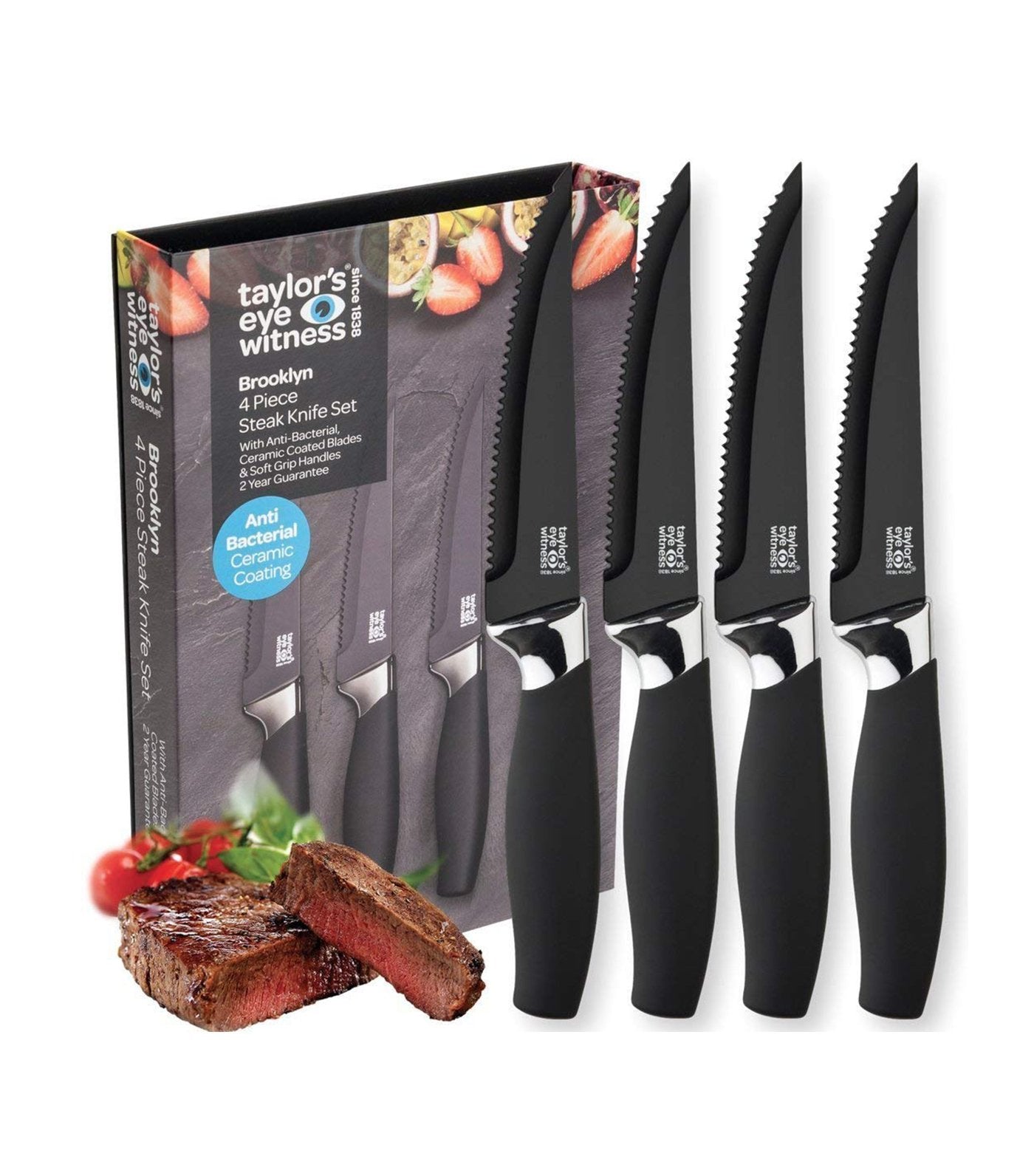 taylors eye witness four-piece brooklyn steak knife set in black and chrome