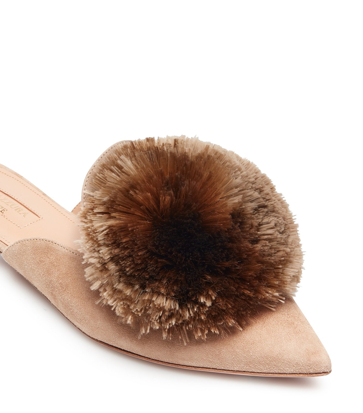 aquazzura taupe pointed toe powder puff mule flat