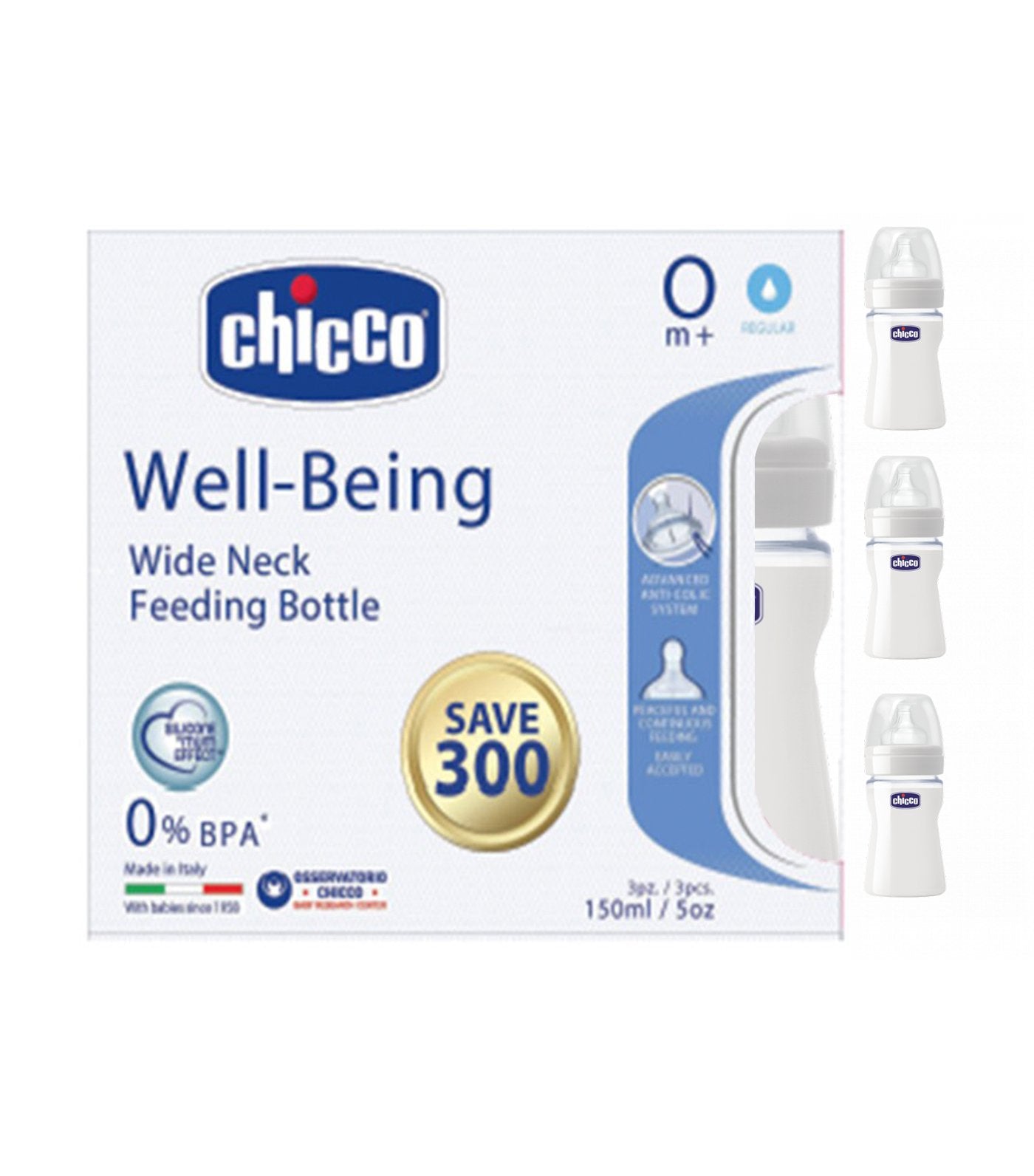 chicco well-being feeding bottle (pack of 3) 150ml