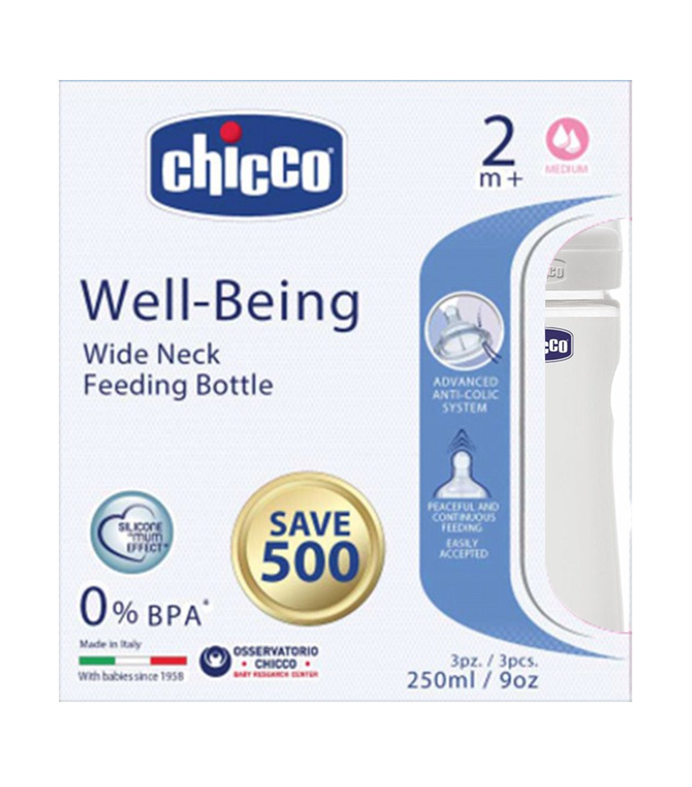 chicco well-being feeding bottle (pack of 3) 250ml