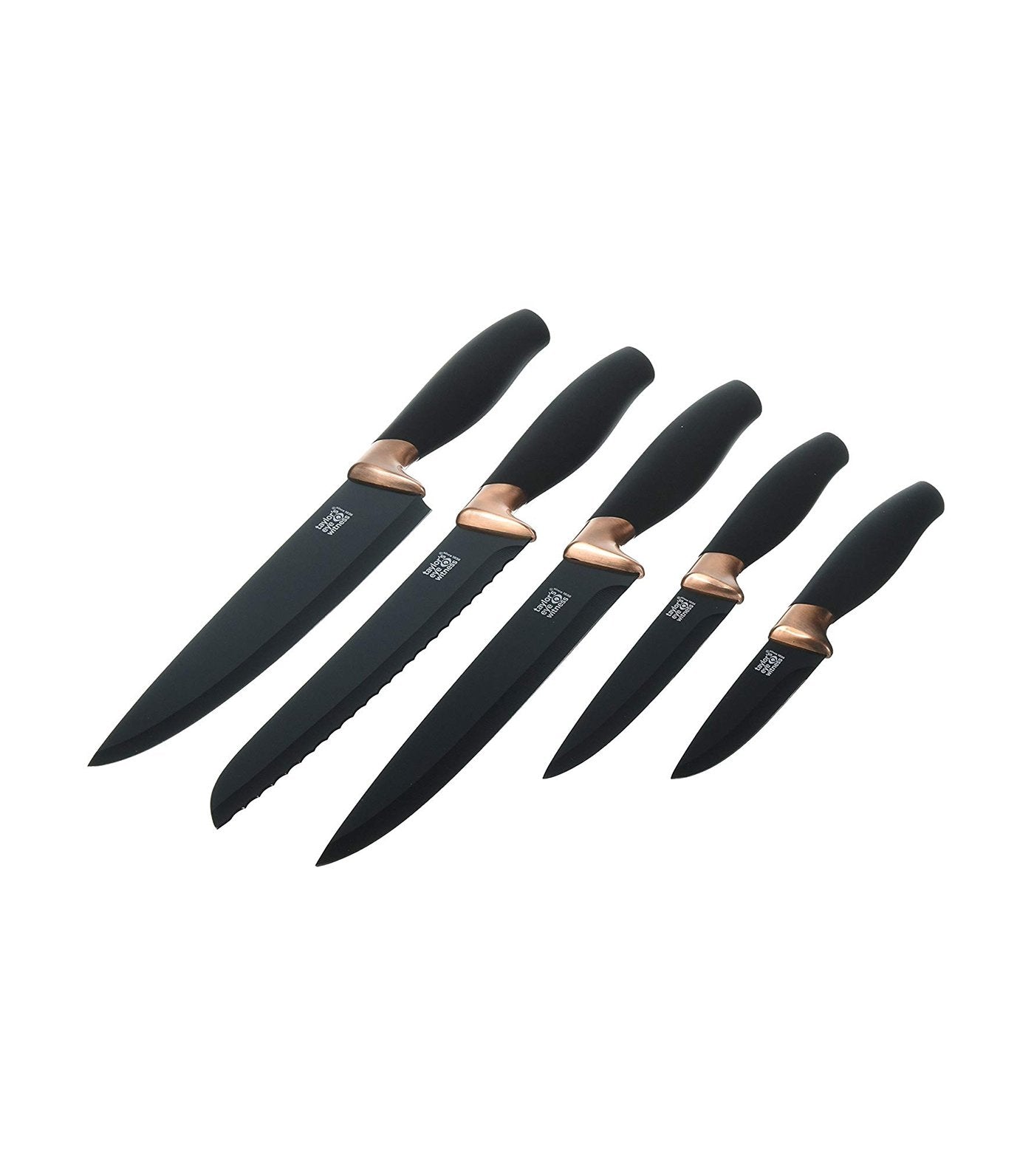 taylors eye witness brooklyn copper five-piece knife set with sloping acrylic block