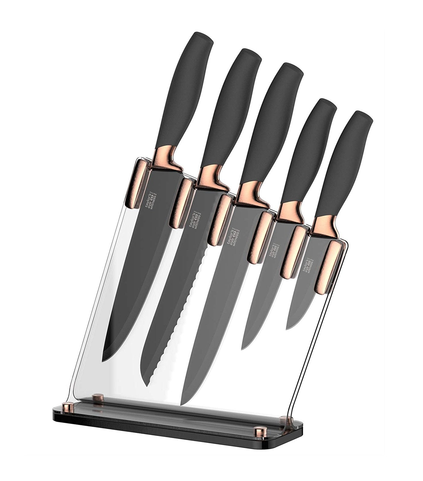 taylors eye witness brooklyn copper five-piece knife set with sloping acrylic block