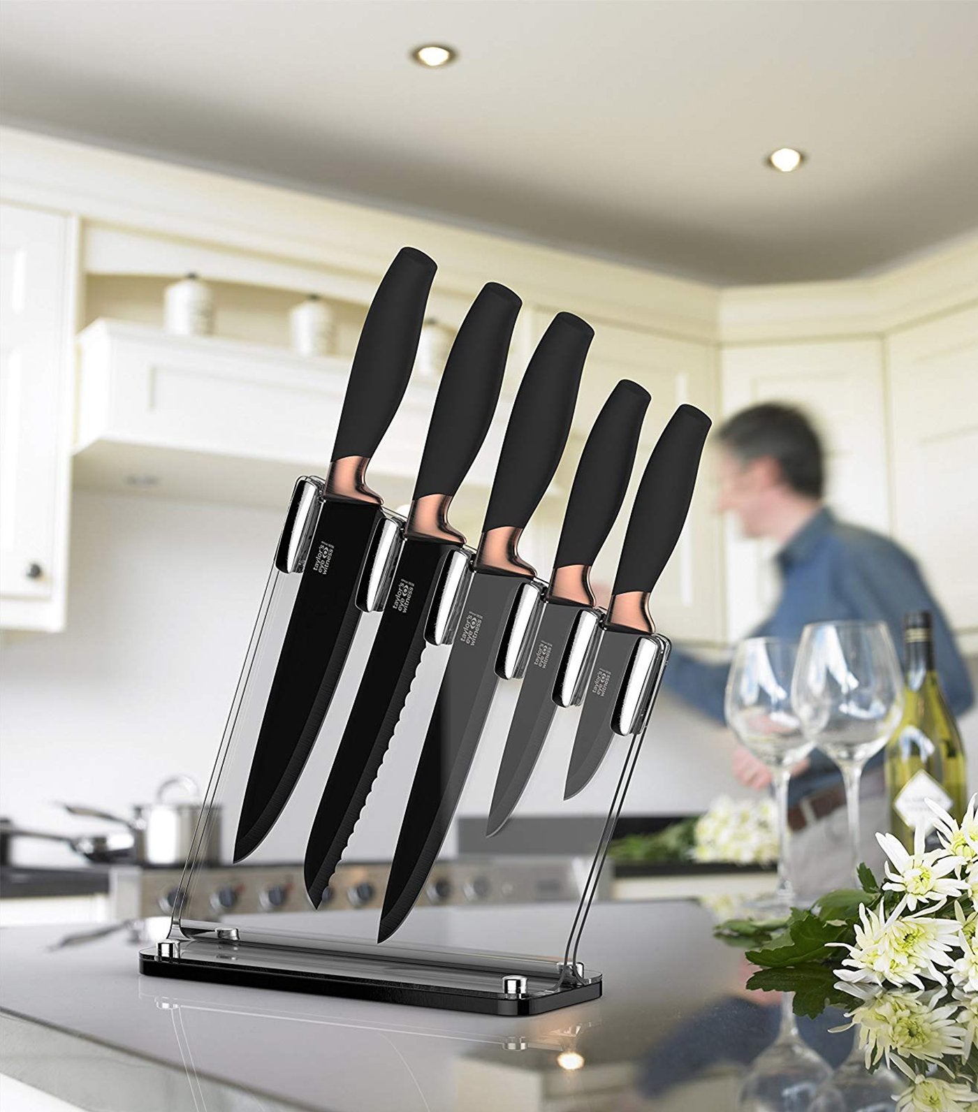 taylors eye witness brooklyn copper five-piece knife set with sloping acrylic block