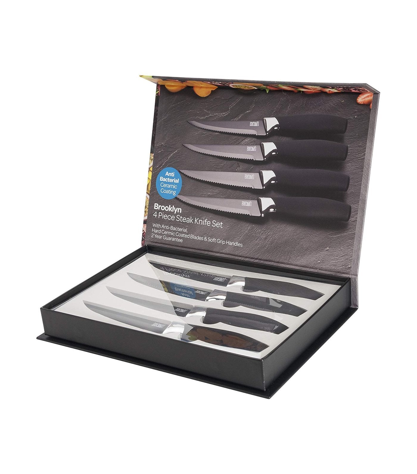 taylors eye witness four-piece brooklyn steak knife set in black and chrome