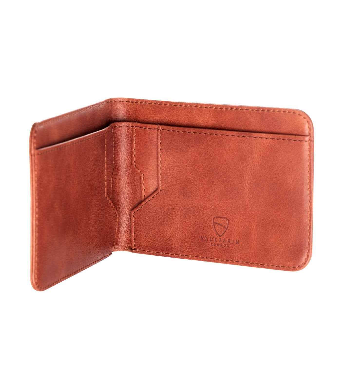 vaultskin manhattan bi-fold rfid wallet cognac