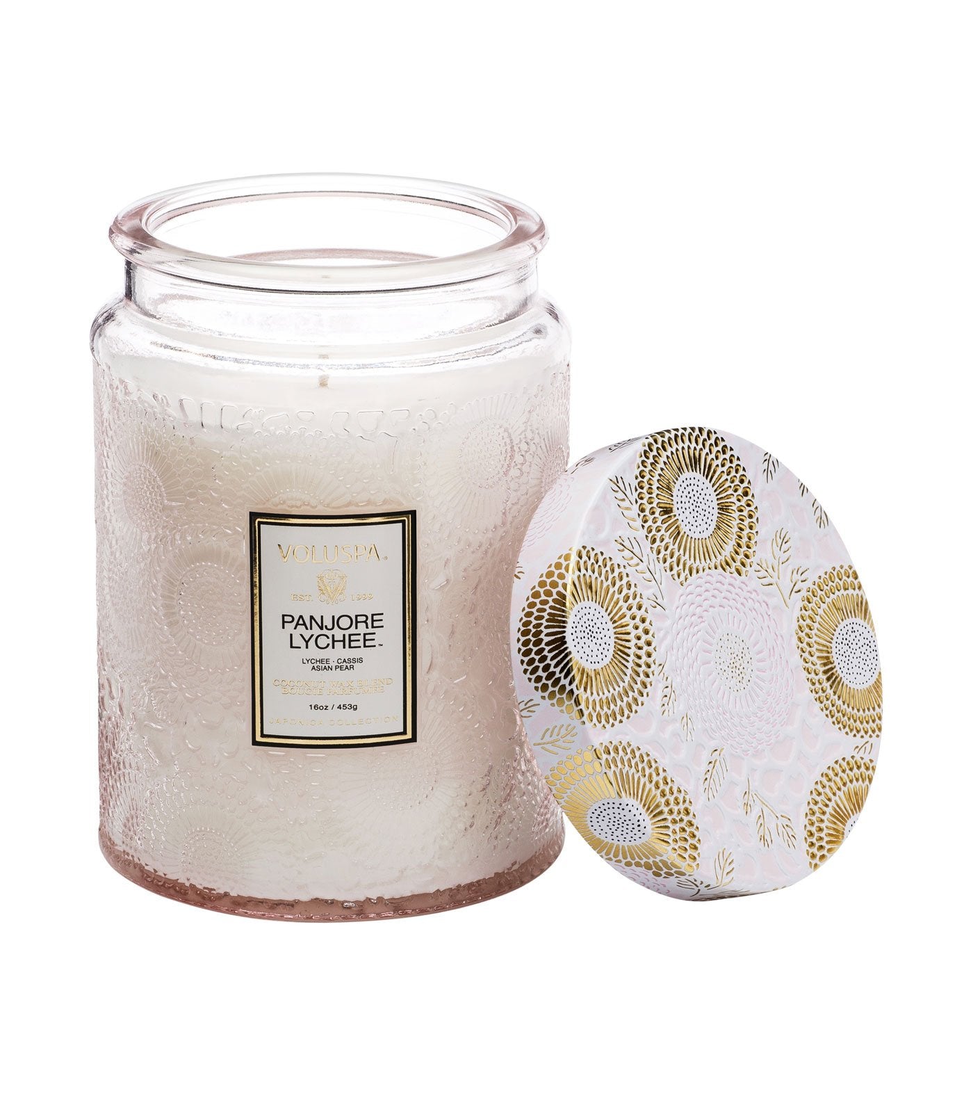 voluspa panjore lychee large embossed glass jar candle